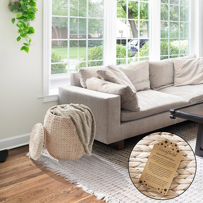 Casafield Round Storage Basket with Lid - Whitewash, Handwoven Water Hyacinth Organizer for Laundry, Blankets, Plants, Bedroom, Living Room, Home Office