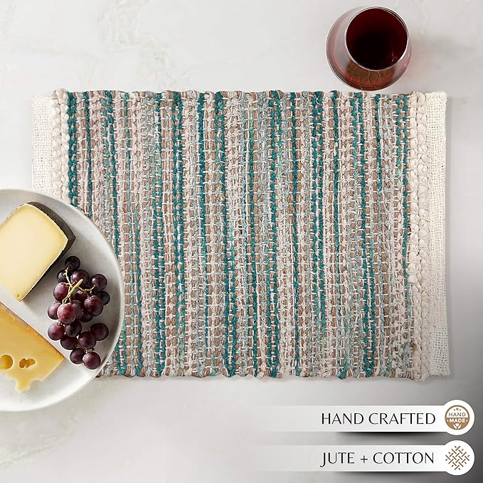 Hausattire Woven Table Placemats Set of 4 - Teal, Jute Boho Outdoor Table Mats for Kitchen Dining Decoration | Heat Resistant Farmhouse Rustic Dinner Placemat for Thanksgiving Decor - 13x19 Inch