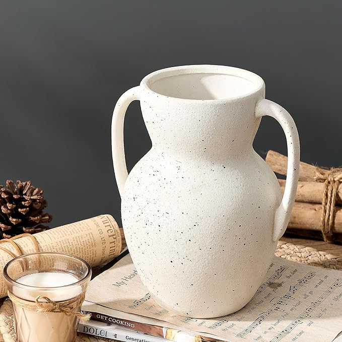 White Ceramic Rustic Vase with 2 Handles, Farmhouse Round Flower Vase, Vintage Terracotta Vases for Home Decor, Wedding, Living Room, Table, Shelf Decor - 8.6 Inch Tall, Speckled White