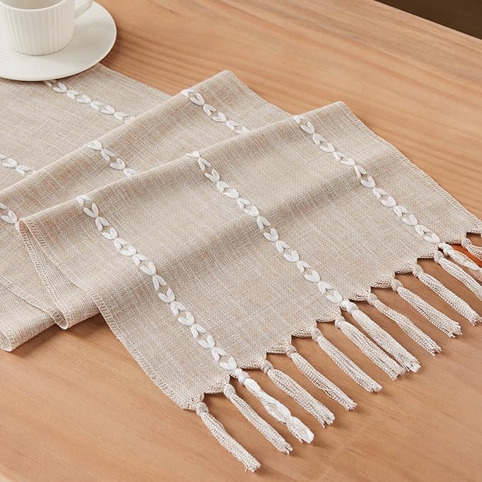Braided Farmhouse Table Runner,Braided Taupe 13x48 Inch, Cotton Linen Table Runners 48 Inches Long, Embroidered Striped Taupe Boho Table Runner Rustic Home Decor