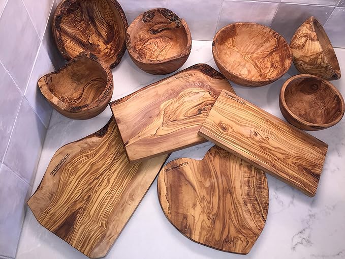 Nesting Set of 6 Artisan Olive Wood Serving Bowls. Unique Handmade Decorative Serve-ware for Fruit, Salad, Snacks, Condiments, Any Food. Small Mini Bowl 2" to Large 5.5-6.5"