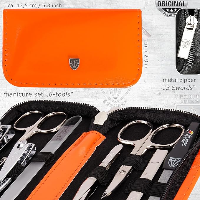 3 Swords Germany - brand quality 8 piece manicure pedicure grooming kit set synthetic leather case orange - Made in Germany