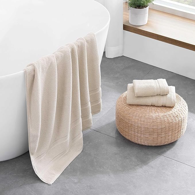 Tommy Hilfiger - Bath Towels, Ultra-Soft & Quick Drying with Zero Twist, 600 GSM Bathroom Towels with Iconic Flag Accent (Harborside Solid Beige, 6 Piece)