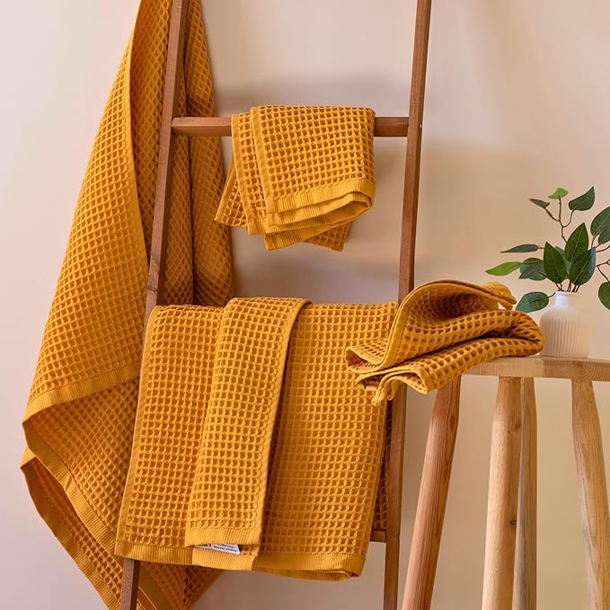 PÜSKÜL - Premium Waffle Towel Set 4 Pieces Mustard - Organic 100% Turkish Cotton Quick-Dry Towels for Bathroom Made in Turkiye (Mustrad Yellow, Towel Set - 2 Hand & 2 Bath Towels)