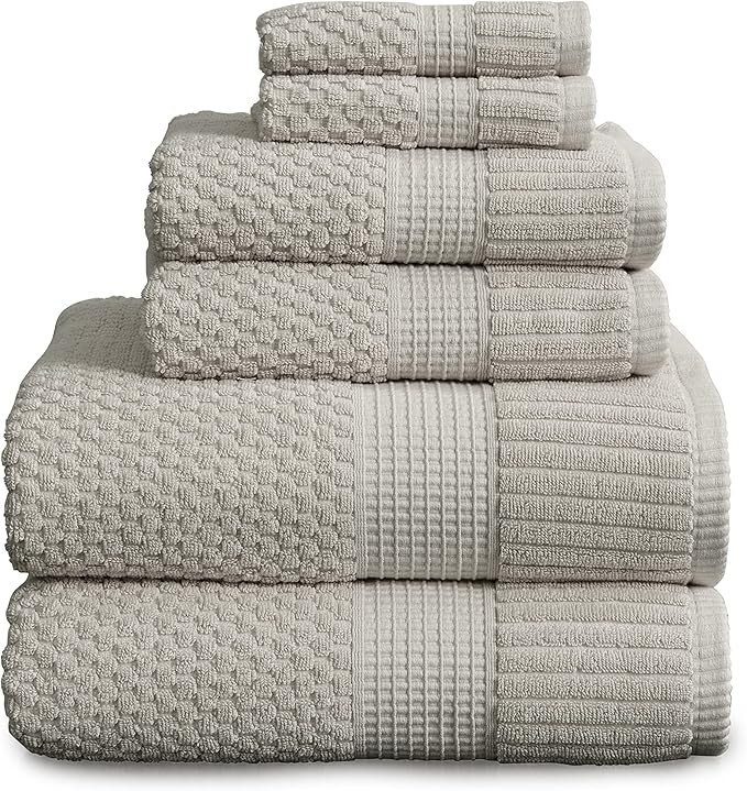 NY Loft 100% Cotton Towel Set 6 Piece | Super Soft & Absorbent Quick-Dry 2 Bath Towels 2 Hand Towels and 2 Washcloths |Textured and Durable Cotton | Trinity Collection (6 Piece Set, Quiet Grey)