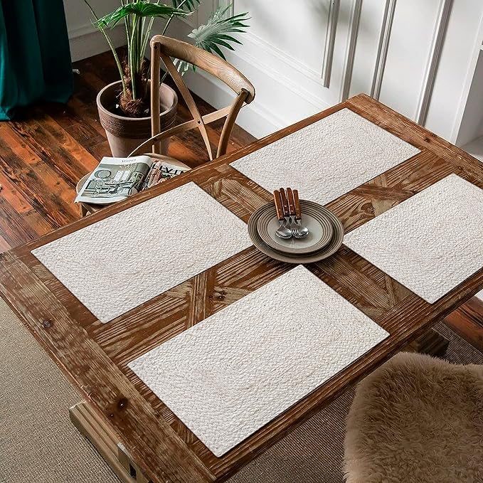 Hausattire Jute Braided Placemats 13x19 Inches Set of 4 Reversible Handwoven Boho Vintage Placemats for Kitchen Dining Tables|BBQ's Thanksgiving Decor Weddings Indoor & Outdoor Parties|Off-White