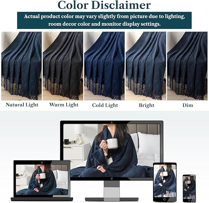 PAVILIA Navy Blue Knit Throw Blanket for Couch, Twin Bed, Soft Knitted Farmhouse Sofa Throw for Living Room, Lightweight Decorative Summer Blanket for Chair, Outdoor Textured Boho Blanket, 60x80