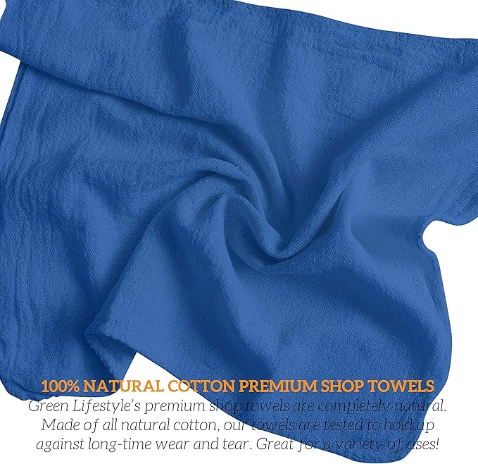 GREEN LIFESTYLE Blue Shop Towels 12x14, 600 Pack, 100% Cotton Super Absorbent & Durable Shop Rags, Reusable Shop Rags Bulk, Multipurpose Cleaning Towels for Automobiles, Industries, Garage and Home
