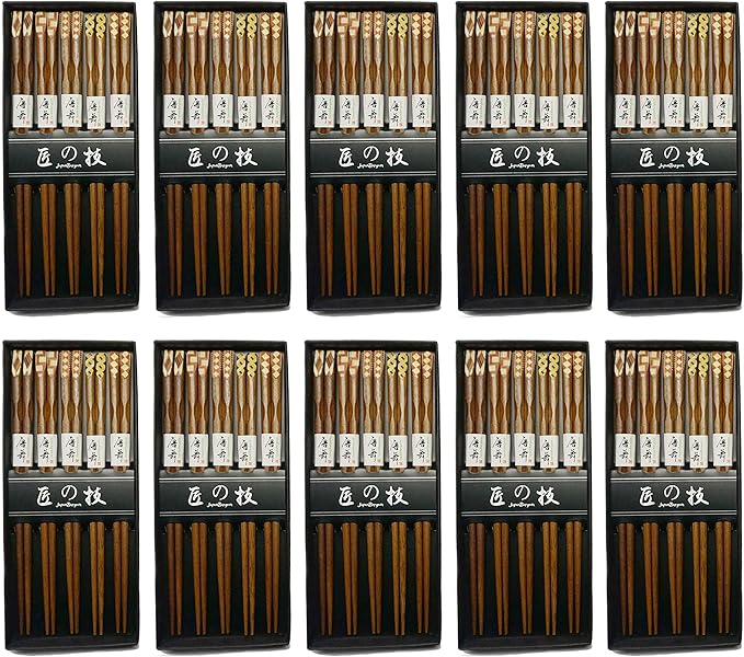 JapanBargain 4515, Ironwood Chopsticks Reusable Japanese Chinese Korean Wood Chop Sticks Hair Sticks 5 Pair Gift Boxed Set Dishwasher Safe, 9 inch, Brown, 10-Pack