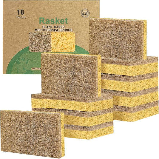 10 Pack Biodegradable Natural Sponges Kitchen - Compostable Cellulose and Coconut Walnut Scrubber Sponge - Eco Friendly Sponges for Dishes
