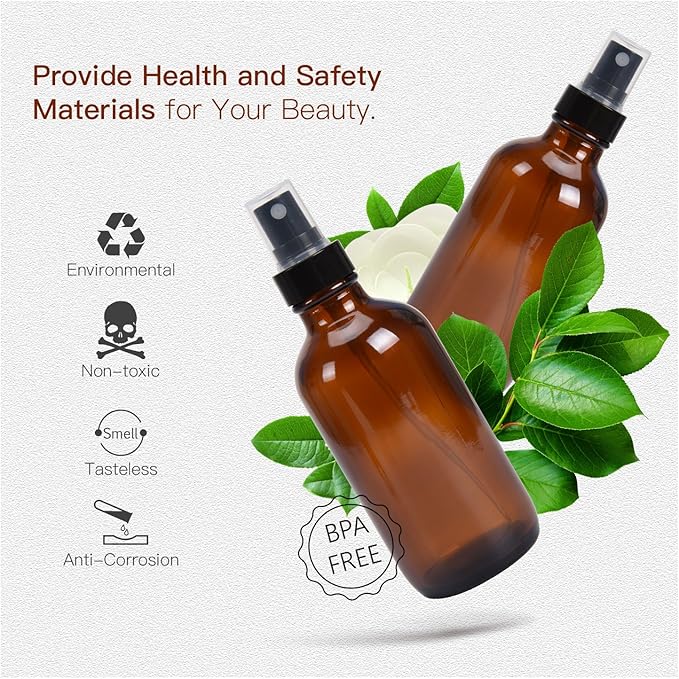 ULG Fine Mist Sprayers 4 oz Amber Boston Bound Glass Bottles 8 Pieces Empty Spray Atomizer Aromatherapy Cosmetic Sprays Including Waterproof DIY Labels