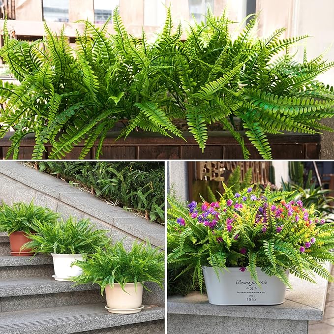 Ouddy Decor 12 Bundles Artificial Boston Ferns Artificial Plants Outdoor Greenery Stems Faux Shrubs UV Resistant for Garden Front Porch Table Window Box Home Decorations