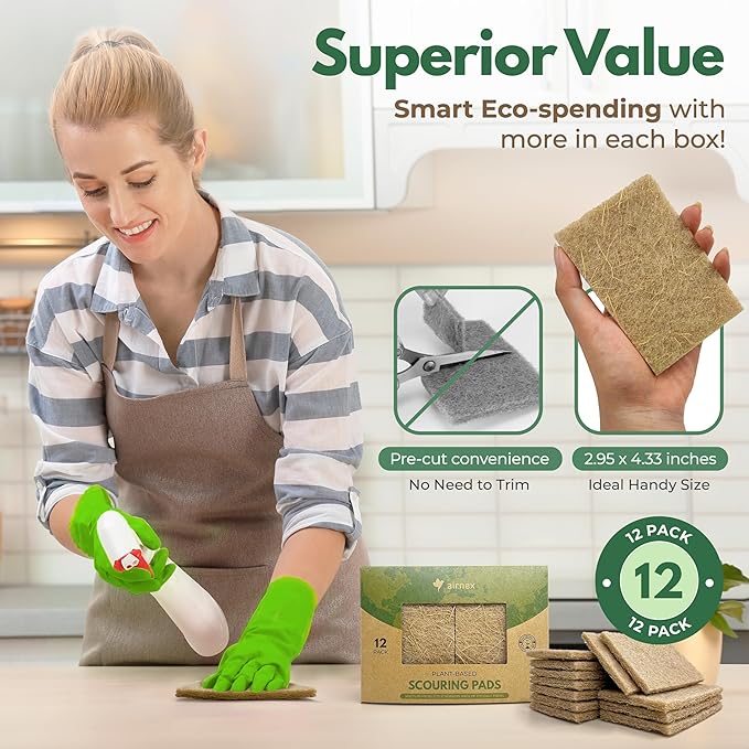 Plant Based Scouring Pads - Pack of 12 Coconut Husk Non Scratch Scrubbing Pads for Dishes - Multipurpose Dish Scrubbers for Cleaning - Heavy Duty Kitchen Scrub Pads for Dishes, Pots and Pans