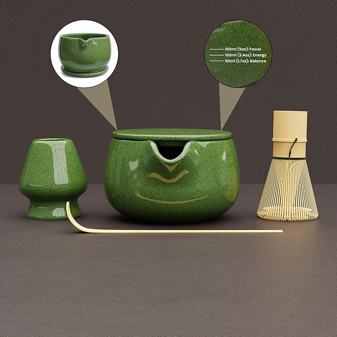 NEXTLUXE Matcha Whisk Set – Traditional Bamboo Chasen with Ceramic Bowl, Matcha Bowl and Whisk Kit - Measurement Lines, Spoon & Lid – Green