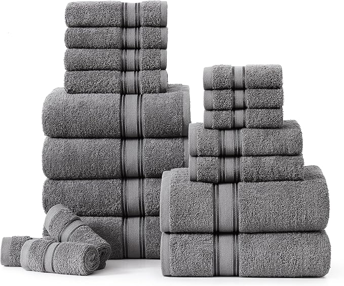 LANE LINEN 100% Ring-Spun Cotton Bath Towels Set of 18 – Zero Twist, 6 Bath, 6 Hand Towel & 6 Washcloths, Soft, Ideal for Spa Hotel & Home, Gentle on Body, Durable After Multiple Washes – Cool Grey