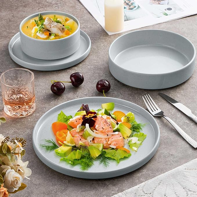 Herogo Stoneware Dinnerware Set with Salad Bowls, 8 Piece Plates and Pasta Cereal Bowls for 2, Kitchen Dinner Dish Set, Dishwasher & Microwave Safe, Speckled Light Gray