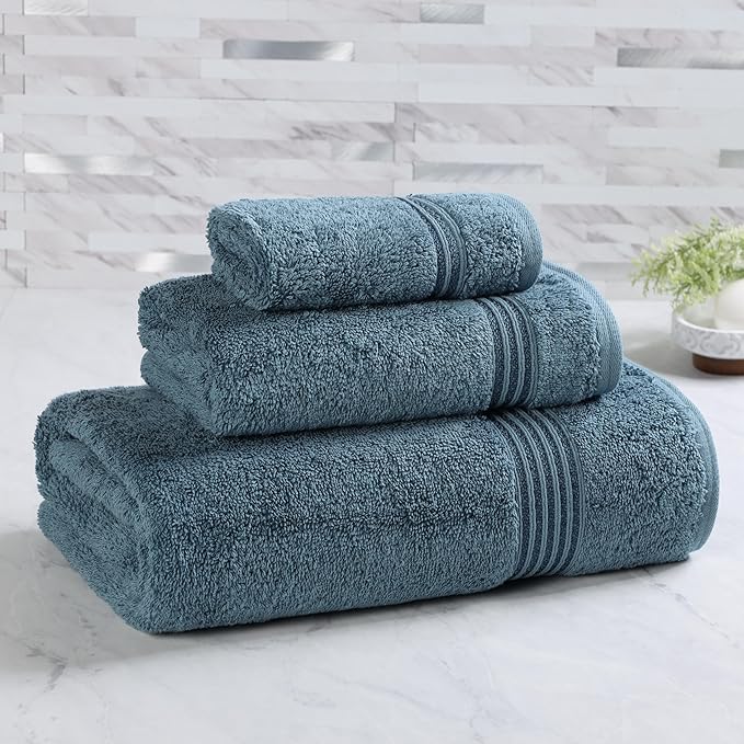 Superior Egyptian Cotton 3-Piece Towel Set, Basic Towels For Bathroom, Home Decor, Guest Bath, Shower, Apartment, Included 1 Face, 1 Hand, 1 Bath Towel, Washcloth, Quick Dry, Sapphire