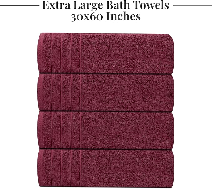 Tens Towels Pack of 4 Extra Large Bath Towels 30 x 60 Inches, 100% Cotton, Larger & Lighter Weight, Quicker to Dry, Super Soft and Absorbent, Perfect for Bathroom, Burgundy