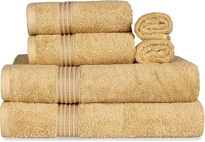 Superior Luxury Cotton Bath Towel - 6 Piece Set, Premium Egyptian Cotton Towels, Gold