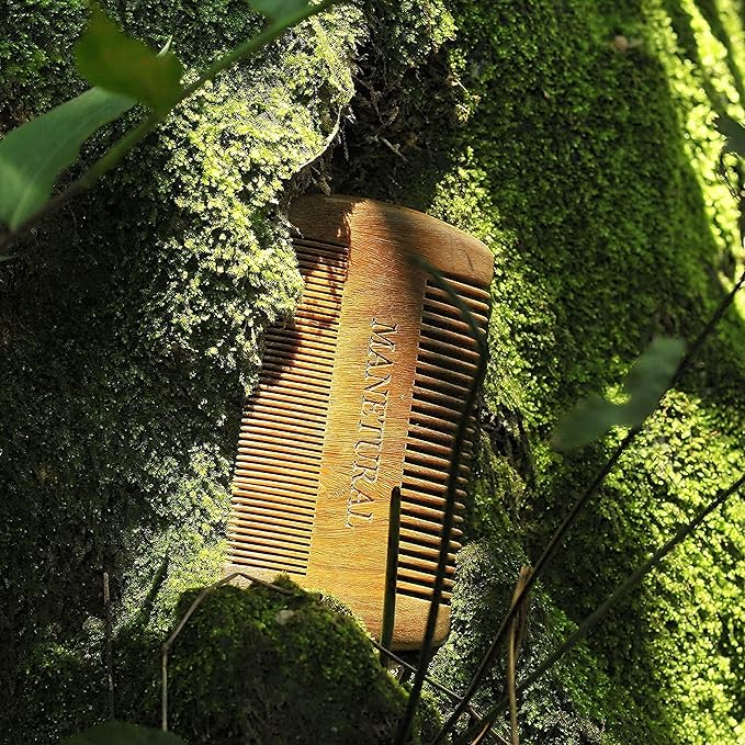 Premium Sandalwood Dual-Action Comb - Double-Tooth Design for Men's Fine & Wide Hair, Mustache Comb, Protective PU Leather Case