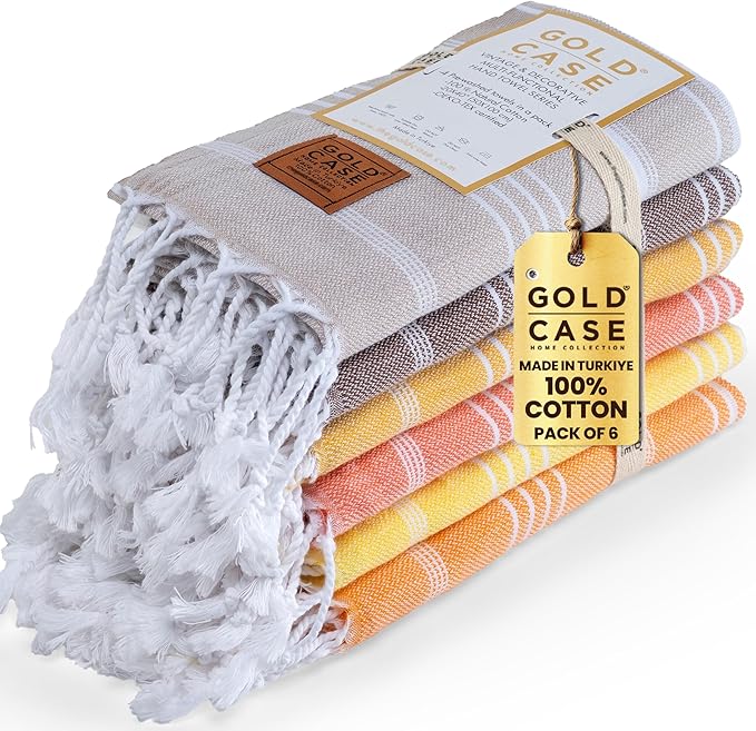 GOLD CASE HOME COLLECTION Lycia Original Turkish Hand Towels by Gold CASE-Set of 6-20x40'' 100% Cotton Decorative Bathroom & Kitchen for Hand,Face,Hair,SPA,Gym,Tea and Dishcloth,Tones of Yellow