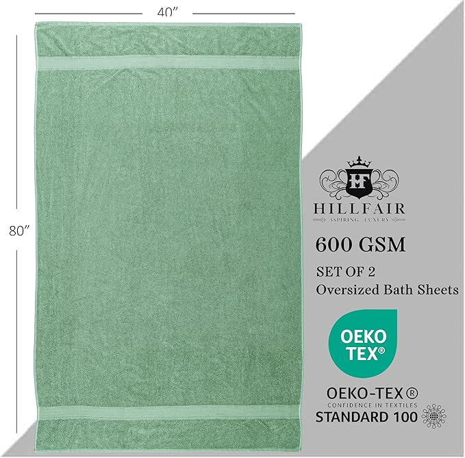 HILLFAIR 600 GSM- 40 x 80 Inches- 100% Cotton 2 Pc XXL Oversized Bath Towel Set- Soft Highly Absorbent Jumbo Bath Sheets Towels Sets- Quick Dry Oversized Sheets Towel Sets for Hotel Spa Pool- Sage