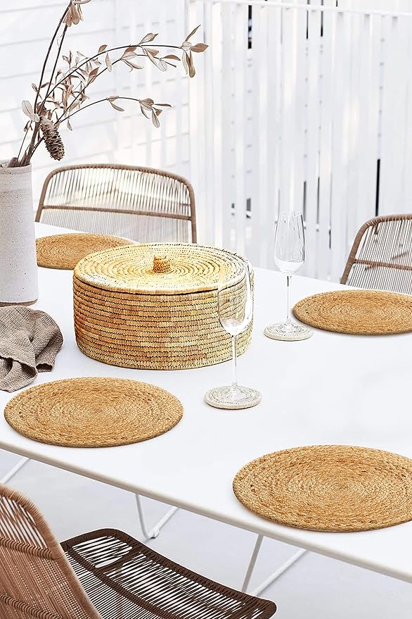 Hausattire Jute Braided Placemats 14 Inches Round Set of 4 Reversible Handwoven Boho Vintage Placemats for Kitchen Dining Tables|BBQ's Thanksgiving Decor Weddings Indoor & Outdoor Parties|Natural