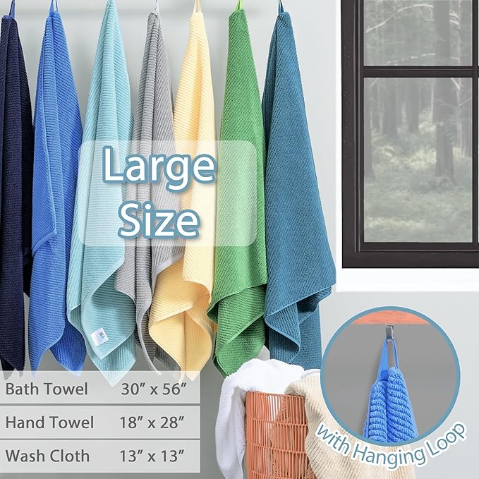 VOOVA & MOVAS Towel Set for Bathroom - 100% Cotton, Quick Dry, Thick, 3 Piece Towel Set, 1 Stripe Large Bath 30"x54", 1 Blue Hand 18"x28",1 Grey Washcloth 13"x13", Bathroom Essentials