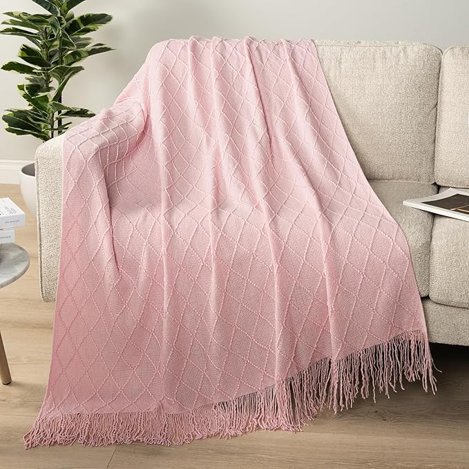 PAVILIA Light Pink Knit Throw Blanket for Couch Bed, Soft Knitted Farmhouse Sofa Throw for Living Room, Lightweight Decorative Summer Throw Blanket for Chair, Outdoor Textured Boho Blanket, 50x60
