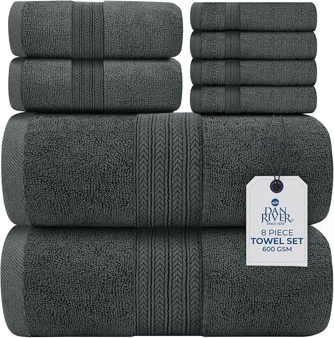 DAN RIVER 8 PC Luxury Bath Towels for Bathroom, 2 Bath, 2 Hand, and 4 Wash Cloths, 600 GSM 100% Ring Spun Cotton Towel Set, Highly Absorbent, Gym, Hotel, and Spa, Grey