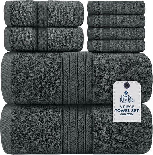 DAN RIVER 8 PC Luxury Bath Towels for Bathroom, 2 Bath, 2 Hand, and 4 Wash Cloths, 600 GSM 100% Ring Spun Cotton Towel Set, Highly Absorbent, Gym, Hotel, and Spa, Grey