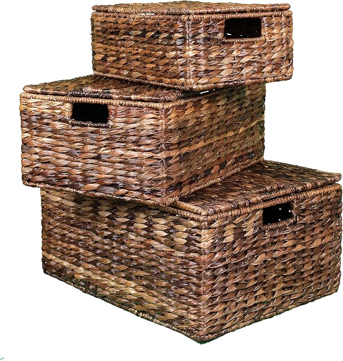 BIRDROCK HOME Abaca Nesting Baskets Set of 3 - Handwoven Storage Baskets w/Handles - Box Organizer for Household, Towels, Clothes, Nursery, Toys | Ideal Use in Living Room, Office, Kitchen & Bathroom