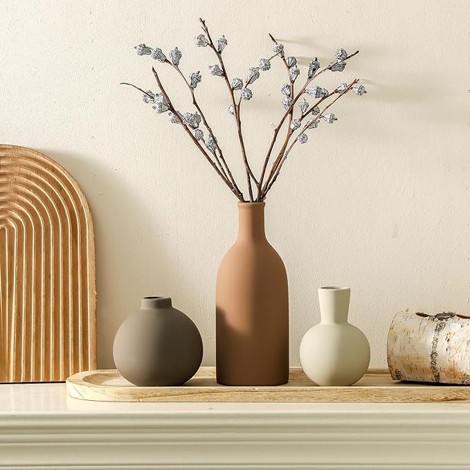 Vase Set of 3 | Ceramic Neutral Vases Home Decor | Rustic Flower Pottery Vases Modern Farmhouse Vase for Table Entryway Mantel Centerpiece Bookshelf Living Room Bathroom Bedroom -Brown Large