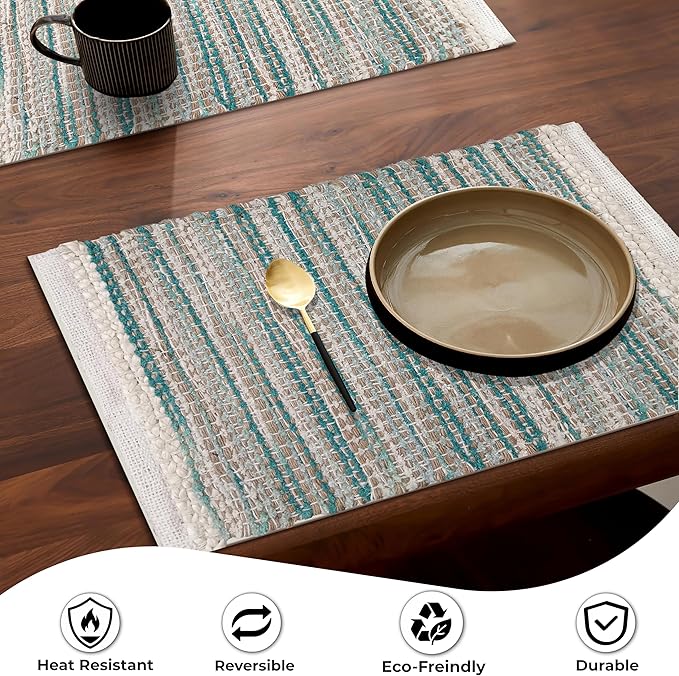 Hausattire Woven Table Placemats Set of 4 - Teal, Jute Boho Outdoor Table Mats for Kitchen Dining Decoration | Heat Resistant Farmhouse Rustic Dinner Placemat for Thanksgiving Decor - 13x19 Inch