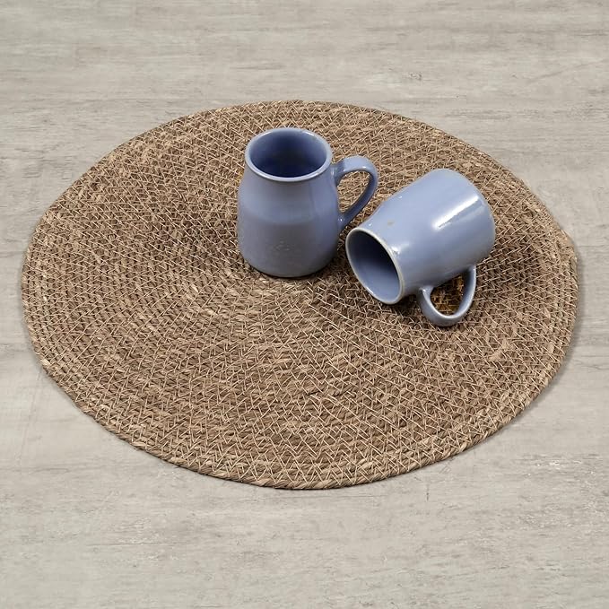 Hausattire Round Woven Placemats Set of 4 - Natural, Seagrass Heat Resistant Table Mats for Wedding, Restaurants, Party | Rattan Boho Easy Clean Circle Thanksgiving Placemat for Kitchen - 14 Inches