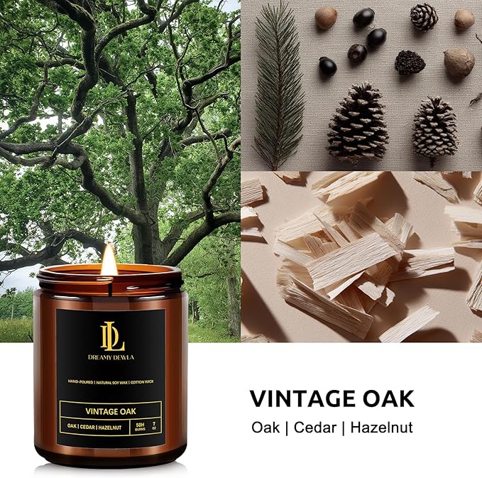 Vintage Oak Scented Candles, Soy Candle for Home Scented, Candles Gift for Men Women, 7oz with 50 Hour Burn Time