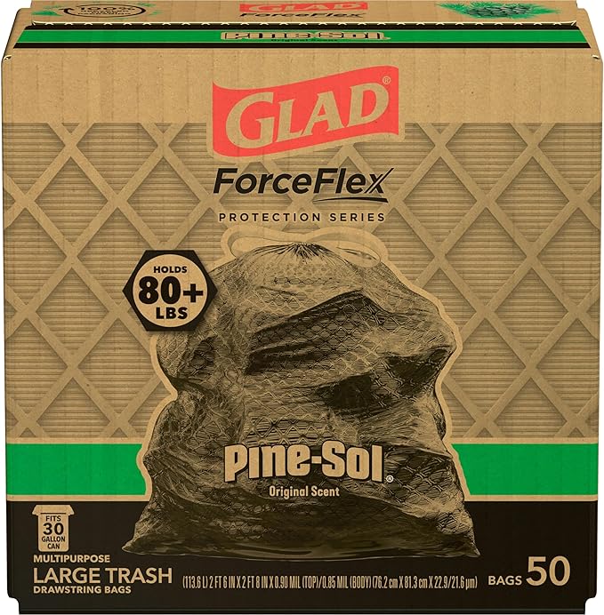 Glad Large 30 Gallon Trash Bags, Pine-Sol Heavy Duty Garbage Bags, Forceflex with Drawstring, 50 Count (Packaging May Vary)