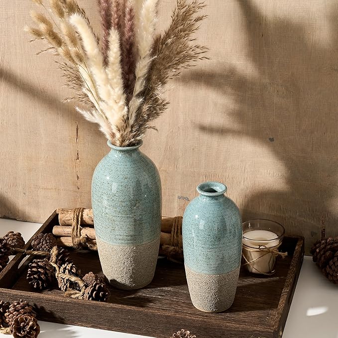Ceramic Vases for Home Decor, Elegant Blue and Brown Ceramic Vase Set of 2, Vintage Minimalist Decorative Vase for Table Centerpiece Dining Living Room Office Nightstand Fireplace Decoration
