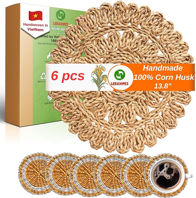 Handmade Round Woven Placemats Set of 6 – Natural Corn Husk Woven Place Mats – Heat Resistant, Non-Slip Wicker Table Mats – Rattan Round Placemats – for Dining, Weddings, Christmas & New Year Décor