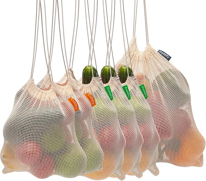 6 Reusable Produce Bags Grocery Washable | Organic Cotton Mesh Produce Bags | Double-Stitched & Tare Weigh | Mesh bags for vegetables | Cotton Produce Bags Reusable Washable | Produce bag (3 sizes)