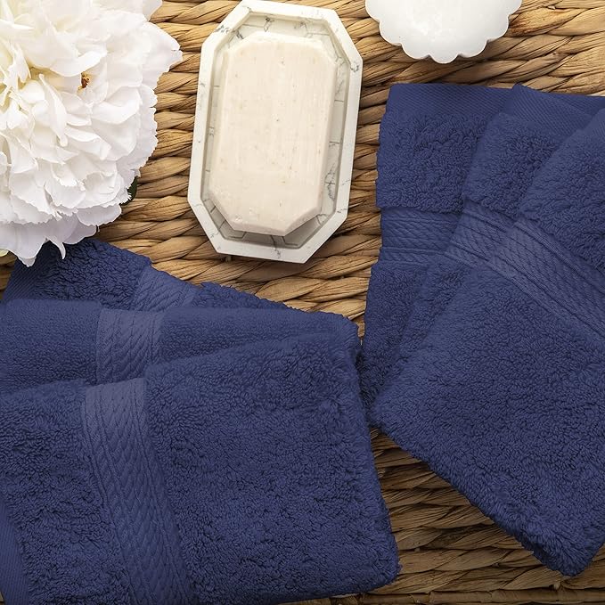 BLUENILEMILLS BNM Egyptian Cotton 6-Piece Towel Set, Includes 6 Face Towels, Attached Loop for Easy Hanging and Storage, Hotel Quality, Perfect for Bathroom, Gym, Shower Space, or Spa, Navy Blue