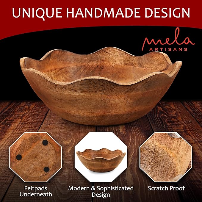 Mela Artisans Scalloped Decorative Wooden Bowl | 12 Inch Mango Wood Fruit & Serving Bowl | Natural Grain Finish | For Kitchen Counter | Snacks | Desserts | Bread | Handcrafted Home Decor