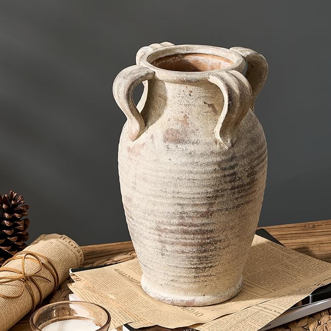 Handmade Ceramic Vase with 4 Handles, 10.83" Tall Farmhouse Rustic Terracotta Flower Vase, Vintage Vases for Home Decor, Wedding, Living Room, Table, Shelf Decor, Neutral