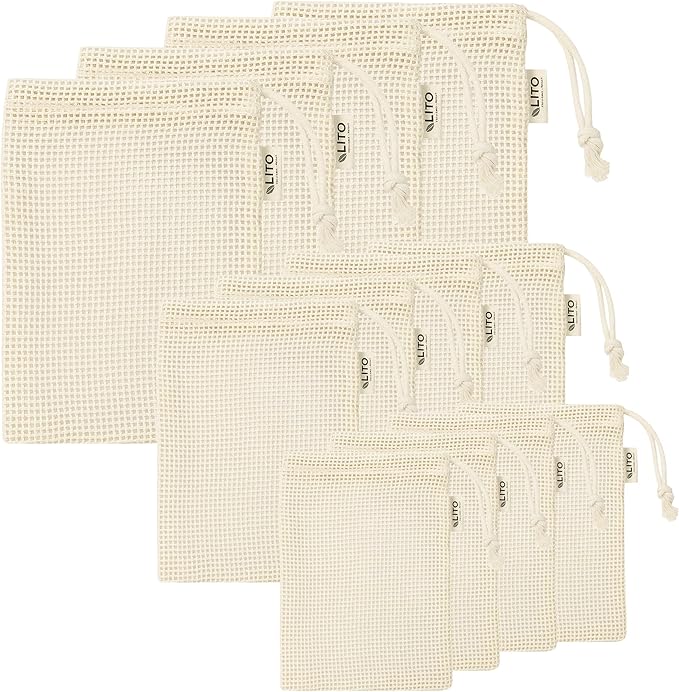 LITO LINEN AND TOWEL Organic Cotton Mesh Produce Bags – Mixed Size Reusable Grocery Bags (12 Pack) | Washable, Lightweight & Breathable Storage for Fruits, Vegetables, Bulk Foods & Zero Waste Living