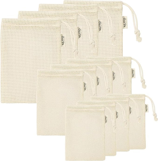 LITO LINEN AND TOWEL Organic Cotton Mesh Produce Bags – Mixed Size Reusable Grocery Bags (12 Pack) | Washable, Lightweight & Breathable Storage for Fruits, Vegetables, Bulk Foods & Zero Waste Living