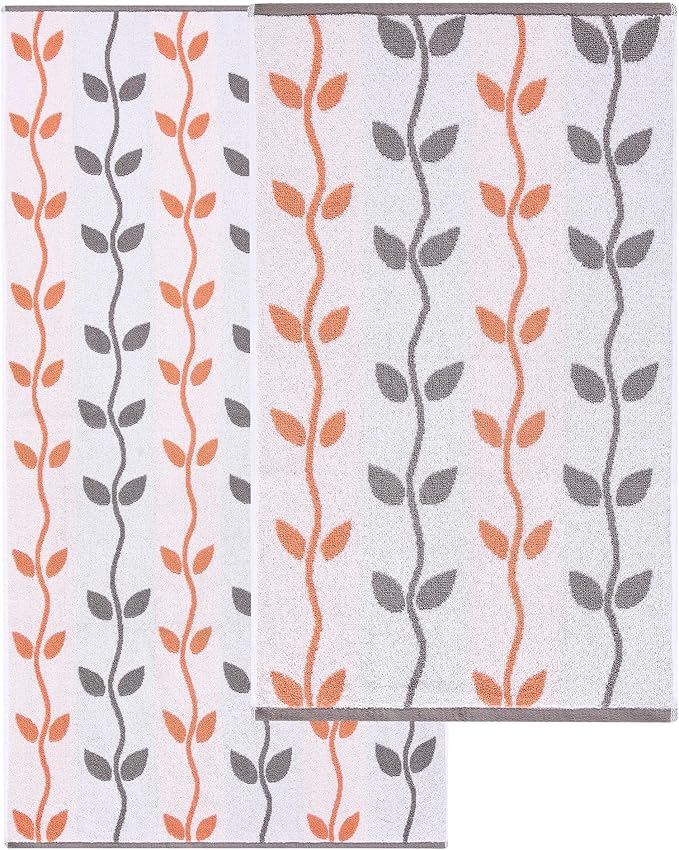 Modern Threads Organic Vines 6-Piece 100% Cotton Towel Set – Yarn Dyed Jacquard & Solid – Includes 2 Bath Towels, 2 Hand Towels, 2 Washcloths – Absorbent, Quick Dry, Soft & Durable – Orange