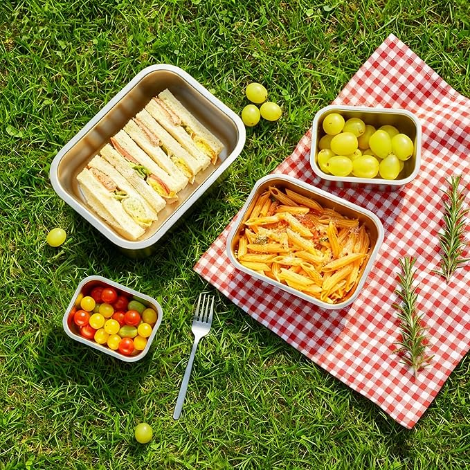 8 PCS-4-Size Stainless Steel Lunch Box- Leakproof & Dishwasher Safe, Stackable Stainless Steel Food Containers, Metal Bento Box for Work,Travel (58/41 /24 /14Oz, Pink)