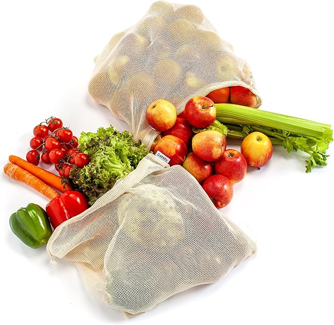 17 Reusable Cotton Mesh Produce Bags - 100% Organic Cotton, Durable, Double Stitched, Washable with Tare Weight & Drawstring - Mesh Bags for Grocery Shopping, Vegetables & Fruits, produce bgs 4 sizes