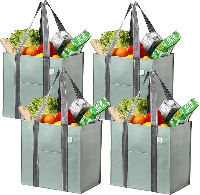 VENO 4 Pack Reusable Grocery Bags, Heavy-Duty Shopping Bags with Handles, Bags for Shopping Cart with Hard Bottom to Stand Upright, Foldable, Multi-Purpose(Light Green, 4 Pack)
