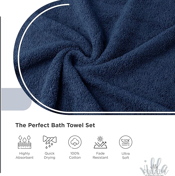100% Cotton Bath Towel Set of 24-6 Bath Towels, 6 Hand Towels, 12 Wash Cloths, Sustainable, Soft, Highly Absorbent, Combed Cotton 24 Piece Set for Hotels, Spa, Bathroom, Dorm, Navy Blue